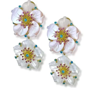 Citrine Jewelry | Pearl Earrings*Alex Soldier Gold Blossom Convertible Double Drop Earrings with Carved Mother Of Pearl