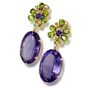 Drop Dangle Earrings*Alex Soldier Gold Blossom Drop Earrings with Oval Amethyst & Peridot
