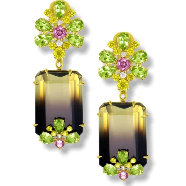 Stud Earrings*Alex Soldier Gold Blossom Earrings with Quartz, Peridot & Sapphire