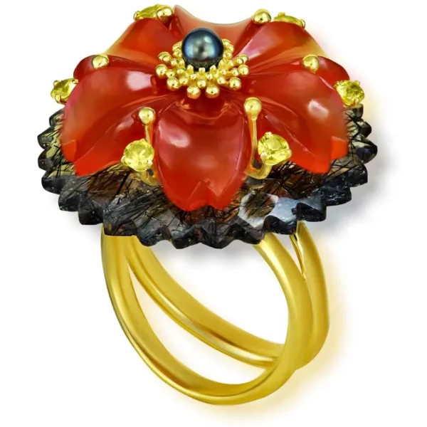 Designer Rings | Gold Rings*Alex Soldier Gold Blossom Ring with Carnelian & Rutilated Quartz