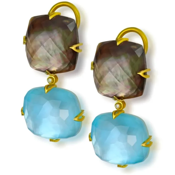 Pearl Earrings | Diamond Earrings*Alex Soldier Gold Denim Drop Earrings with Mother Of Pearl & Diamonds
