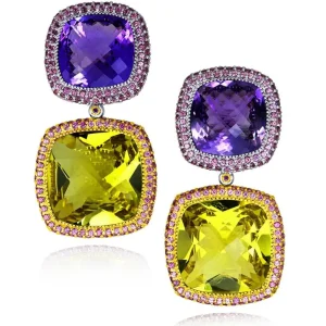Amethyst Jewelry | Garnet Jewelry*Alex Soldier Gold Royal Drop Earrings with Amethyst & Lemon Citrine