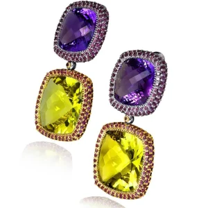 Amethyst Jewelry | Garnet Jewelry*Alex Soldier Gold Royal Drop Earrings with Amethyst & Lemon Citrine