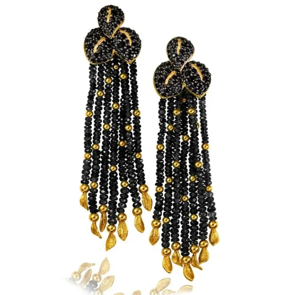 Stud Earrings*Alex Soldier Gold Sunflower Leaf Tassel Earrings With Black Spinel