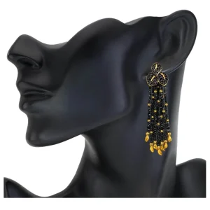 Stud Earrings*Alex Soldier Gold Sunflower Leaf Tassel Earrings With Black Spinel