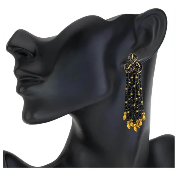 Stud Earrings*Alex Soldier Gold Sunflower Leaf Tassel Earrings With Black Spinel