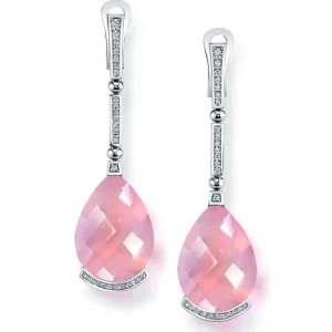Diamond Earrings | Drop Dangle Earrings*Alex Soldier Gold Swan Drop Earrings with Rose Quartz & Diamonds
