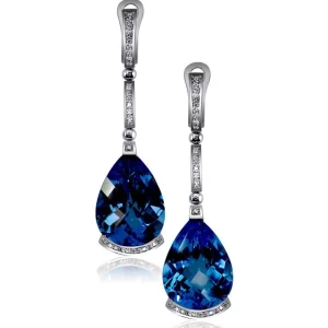 Diamond Earrings | Drop Dangle Earrings*Alex Soldier Gold Swan Drop Earrings with Blue Topaz & Diamonds