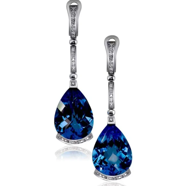 Diamond Earrings | Drop Dangle Earrings*Alex Soldier Gold Swan Drop Earrings with Blue Topaz & Diamonds