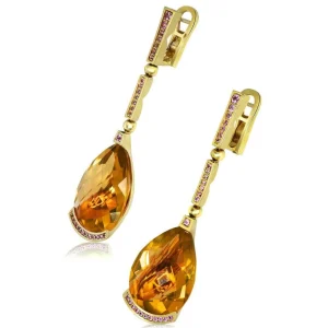 Drop Dangle Earrings*Alex Soldier Gold Swan Drop Earrings with Honey Citrine & Sapphires