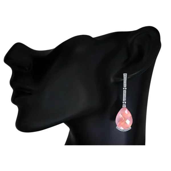 Diamond Earrings | Drop Dangle Earrings*Alex Soldier Gold Swan Drop Earrings with Rose Quartz & Diamonds
