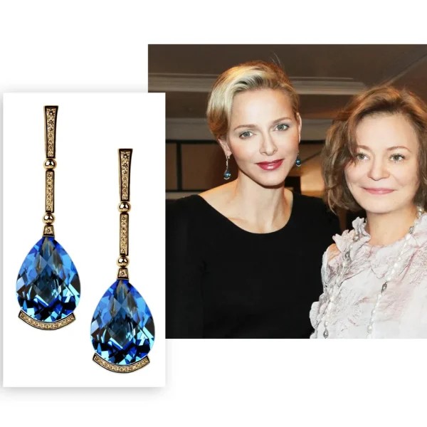 Diamond Earrings | Drop Dangle Earrings*Alex Soldier Gold Swan Drop Earrings with Blue Topaz & Diamonds