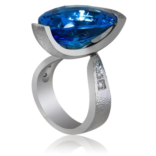 Designer Rings*Alex Soldier Gold Swan Ring with Blue Topaz & Diamonds
