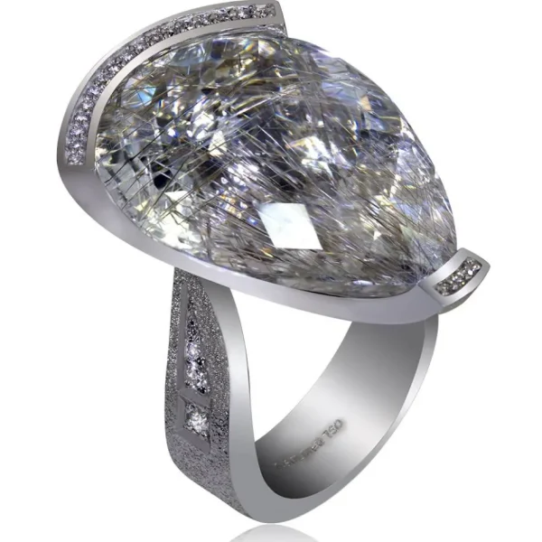 Designer Rings*Alex Soldier Gold Swan Ring with Rutilated Quartz & Diamonds