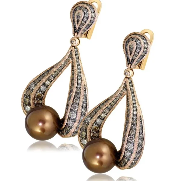 Pearl Earrings | Diamond Earrings*Alex Soldier Gold Twist Earrings With Chocolate Pearl & Diamonds