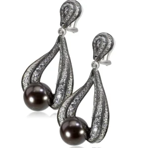Pearl Earrings | Diamond Earrings*Alex Soldier Gold Twist Earrings With Tahitian Pearl & Diamonds