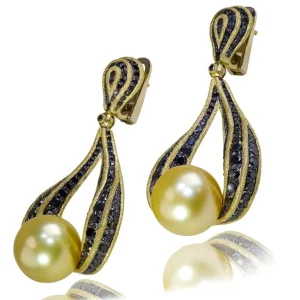 Diamond Jewelry | Pearl Earrings*Alex Soldier Gold Twist Earrings With Golden Pearls & Diamonds