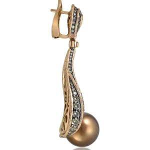 Pearl Earrings | Diamond Earrings*Alex Soldier Gold Twist Earrings With Chocolate Pearl & Diamonds