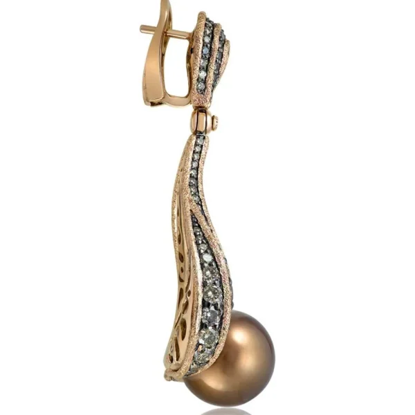 Pearl Earrings | Diamond Earrings*Alex Soldier Gold Twist Earrings With Chocolate Pearl & Diamonds