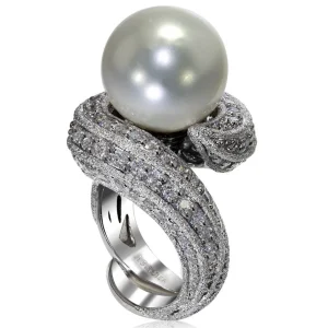 Designer Rings | Pearl Rings*Alex Soldier Gold Twist Ring With Freshwater Pearl & White Diamond