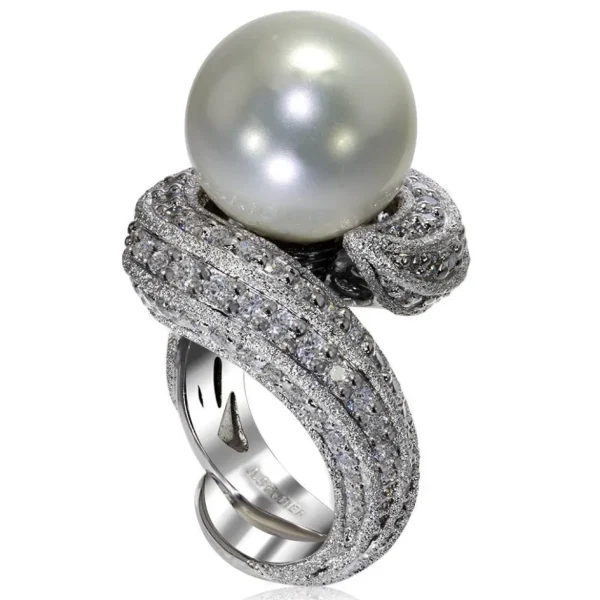 Designer Rings | Pearl Rings*Alex Soldier Gold Twist Ring With Freshwater Pearl & White Diamond