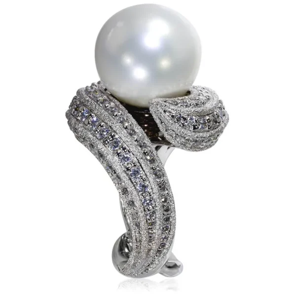 Designer Rings | Pearl Rings*Alex Soldier Gold Twist Ring With Freshwater Pearl & White Diamond