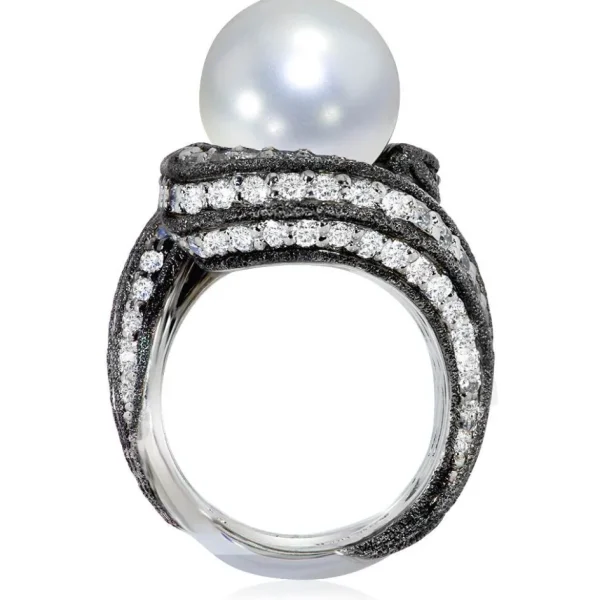 Designer Rings | Pearl Rings*Alex Soldier Gold Twist Ring With Pearl & White Diamonds