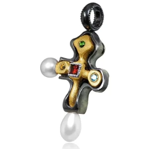 For Men*Alex Soldier Silver Blackened Byzantine Cross with Gemstones