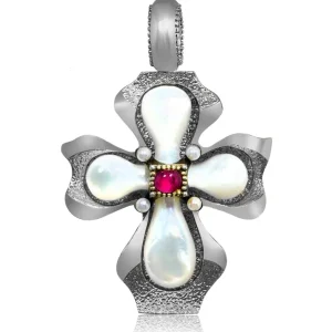 For Men | Pendants*Alex Soldier Silver Cross Pendant with Mother of Pearl and Ruby