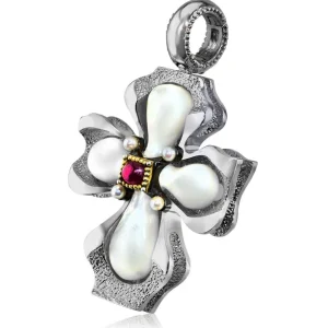 For Men | Pendants*Alex Soldier Silver Cross Pendant with Mother of Pearl and Ruby