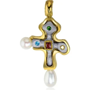 For Men | Pendants*Alex Soldier Silver Golden Byzantine Cross Pendant with Gemstones