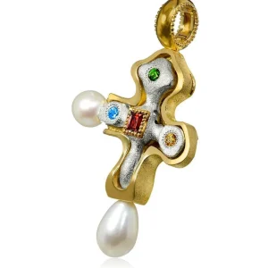 For Men | Pendants*Alex Soldier Silver Golden Byzantine Cross Pendant with Gemstones