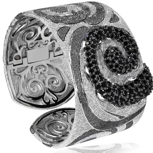 Cuff Bracelets*Alex Soldier Silver Swirl Pattern Cuff Bracelet with Black Spinel
